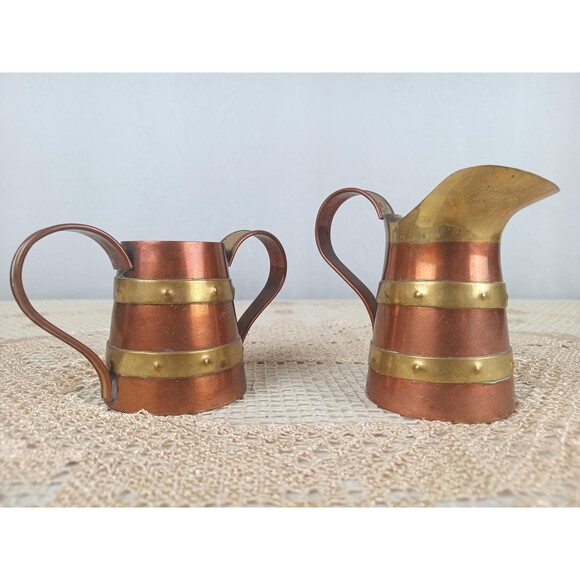 R Martinez Tea Set Sugar And Creamer Pot Copper And Brass Construction Mexico - Picture 2 of 7